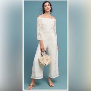 Farm Rio Elliott burnout white sleeve off shoulder wide leg  jumpsuit boho beach